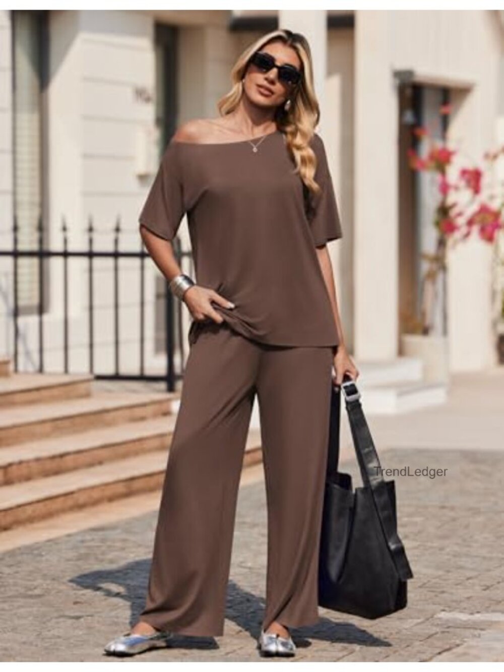 Women's Lounge Set Off Shoulder Short Sleeve Top Drawstring Wide Leg Pants